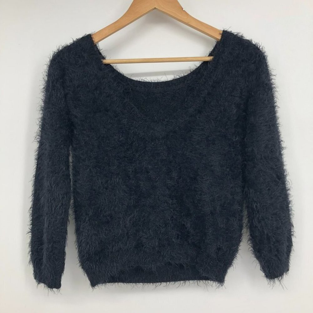 Monk & Lou Black  Eyelash Knit fuzzy soft sweater scoop or V neck 3/4 sleeve XS - Picture 9 of 15